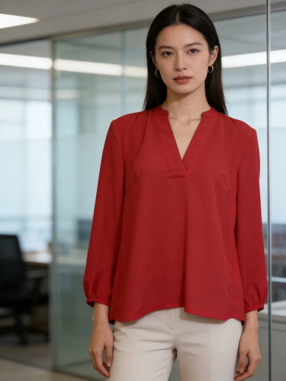 J.Crew Red V-Neck Blouse Long Sleeve Career Office Top Size S